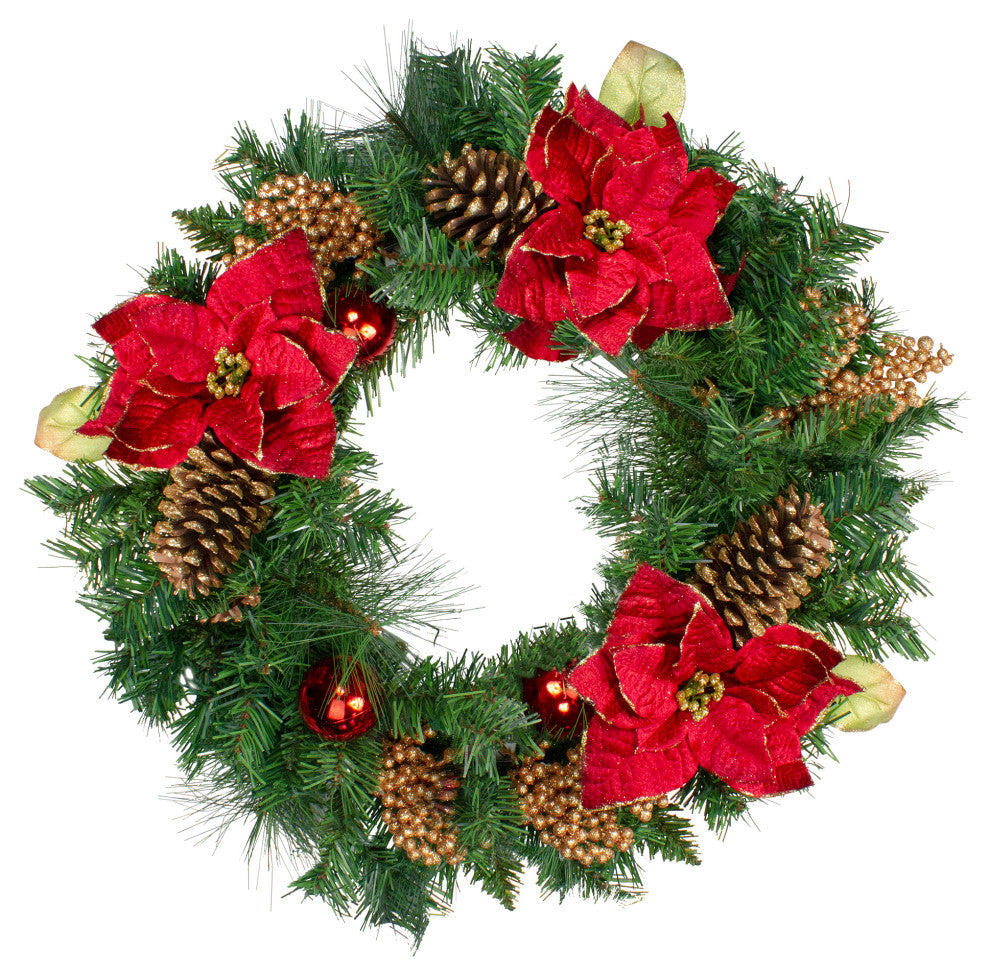 Artificial Mixed Pine with Red Poinsettias Gold Pine Cones and Berries Wreath