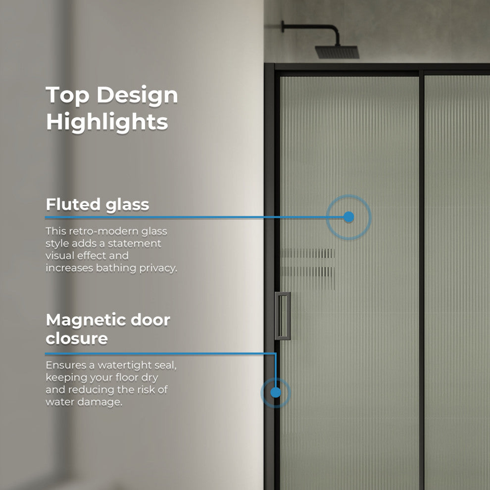 Stanford Sliding Fluted Alcove Shower Door, Black, Fluted Glass, 48"