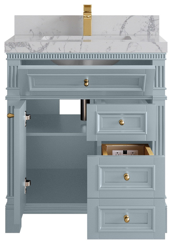 Paris 30" Single Sink Bathroom Vanity, Blue Heather 2" Venatino Quartz