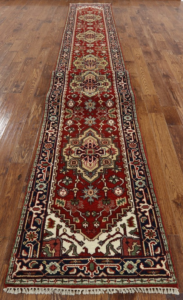 Medallion Motif 3'x20' Red Heriz Serapi Runner Hand Knotted Wool Rug H9264