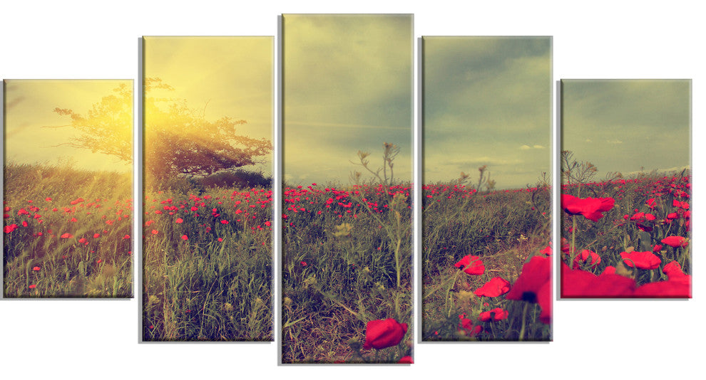Vintage Photo of Poppies at Sunset, Large Floral Canvas Print, 60"x32", 5 Panels