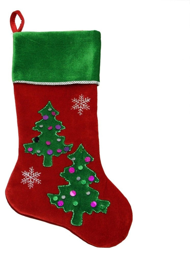 20" Red Velveteen Sequined Christmas Tree Stocking With Green Cuff