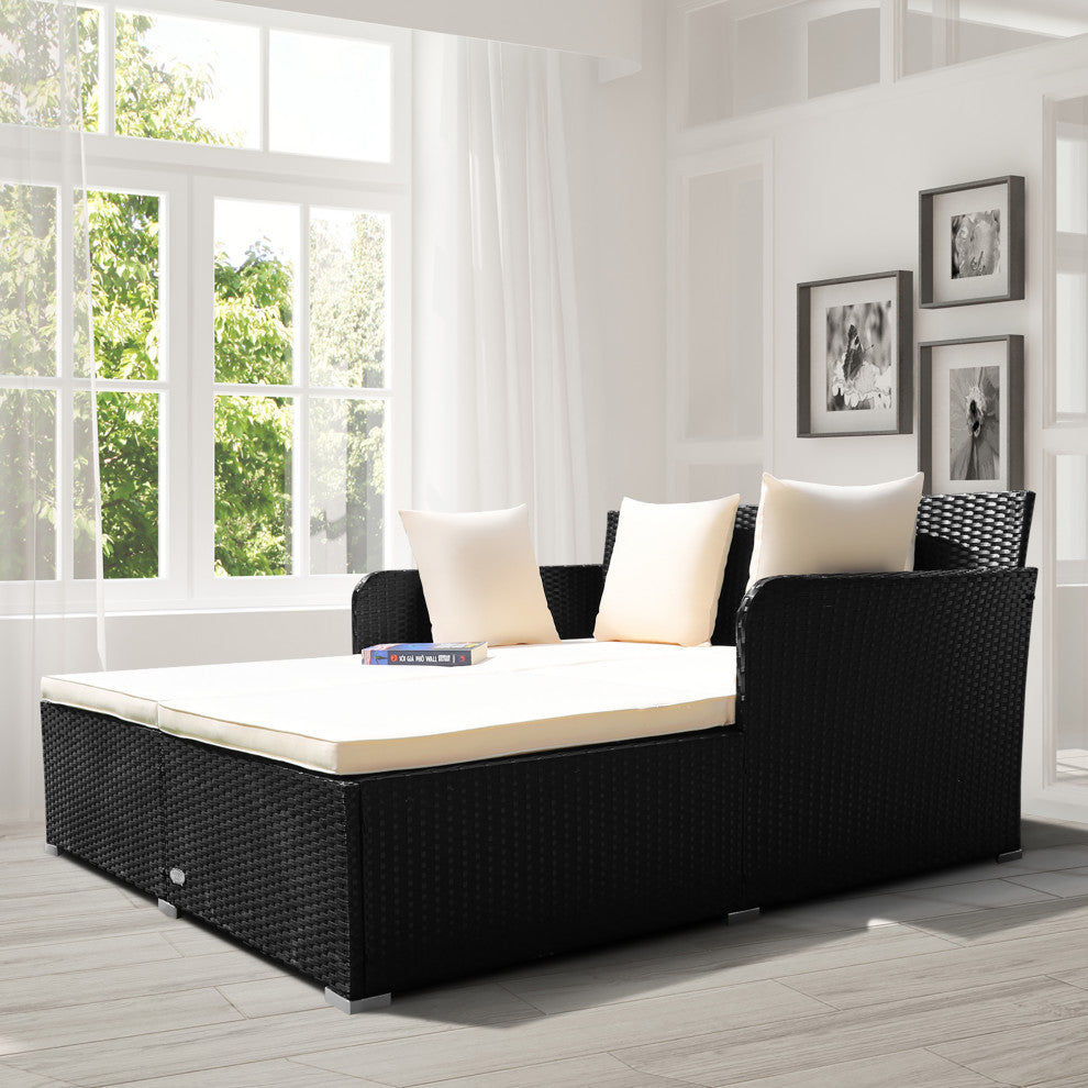 Costway Outdoor Patio Rattan Daybed Pillows Cushioned Sofa Furniture Biege