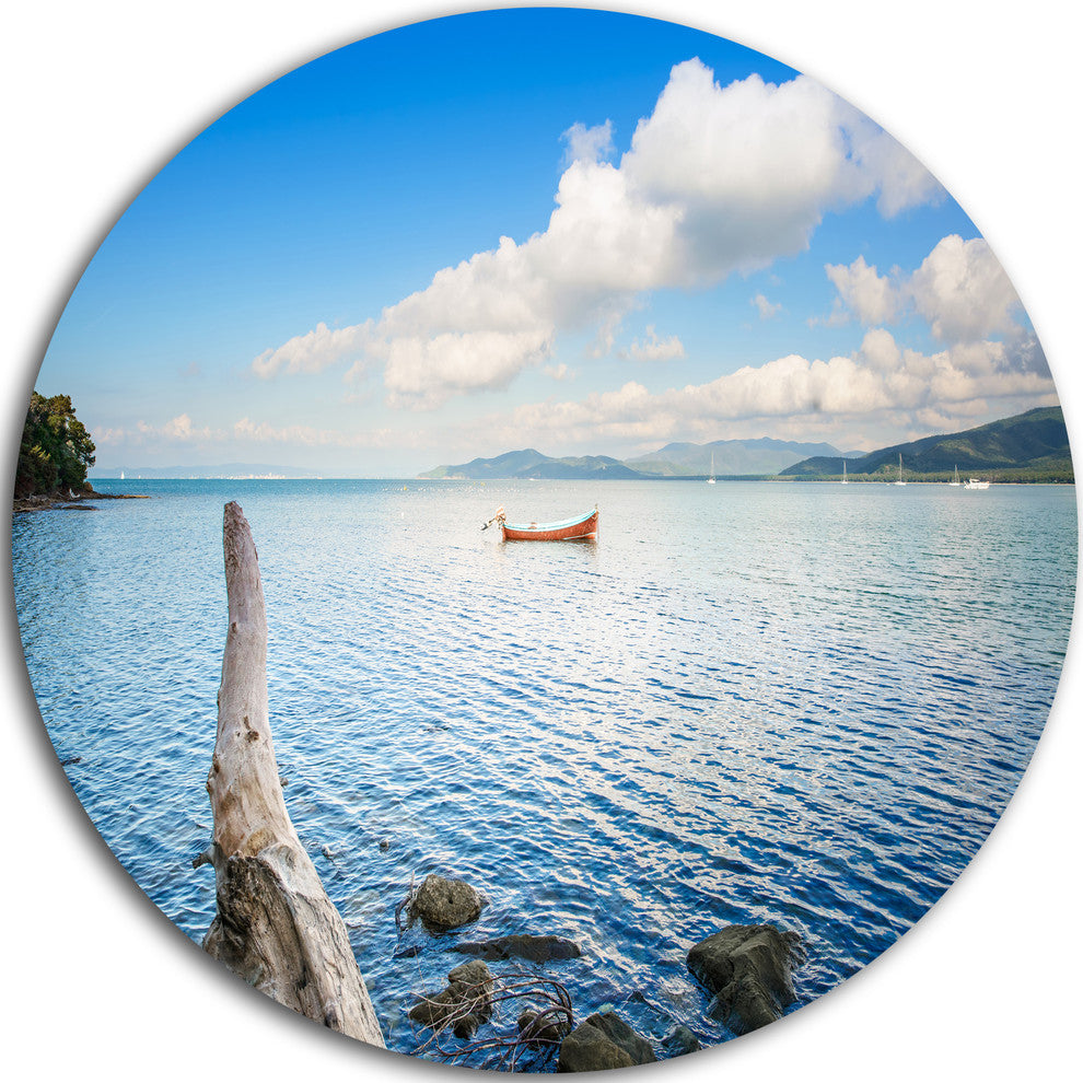 Small Wooden Boat And Tree Trunk, Seashore Round Metal Wall Art, 11"