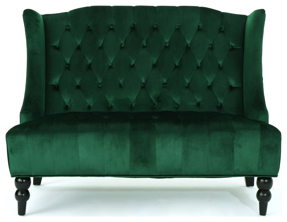 GDF Studio Leah Traditional Tufted High Winged Back New Velvet Loveseat, Emerald