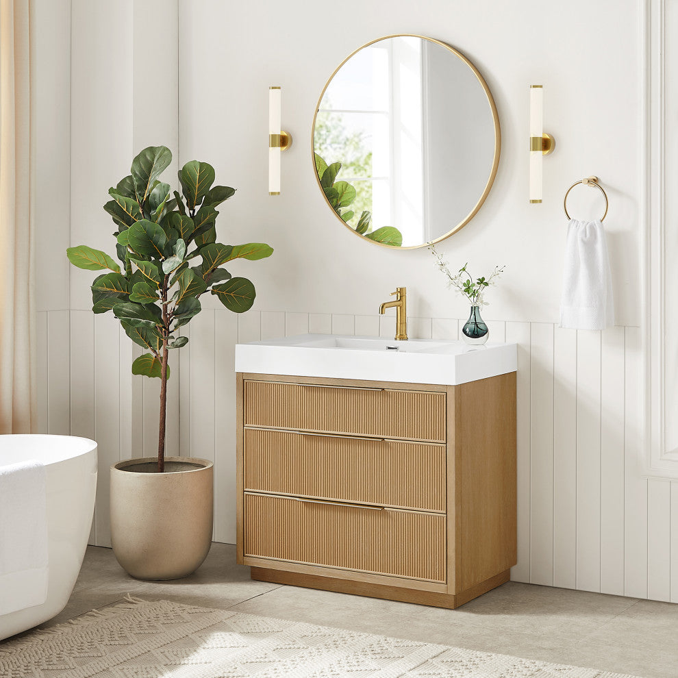 Hohhot Bath Vanity, Stone Sink Top No Mirror, Washed Ash Gray, 36", Single Vanity