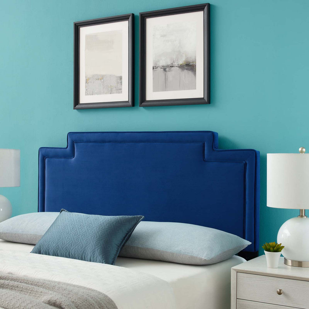 Headboard, King California Size, Blue Navy, Velvet, French, Mid Century Guest