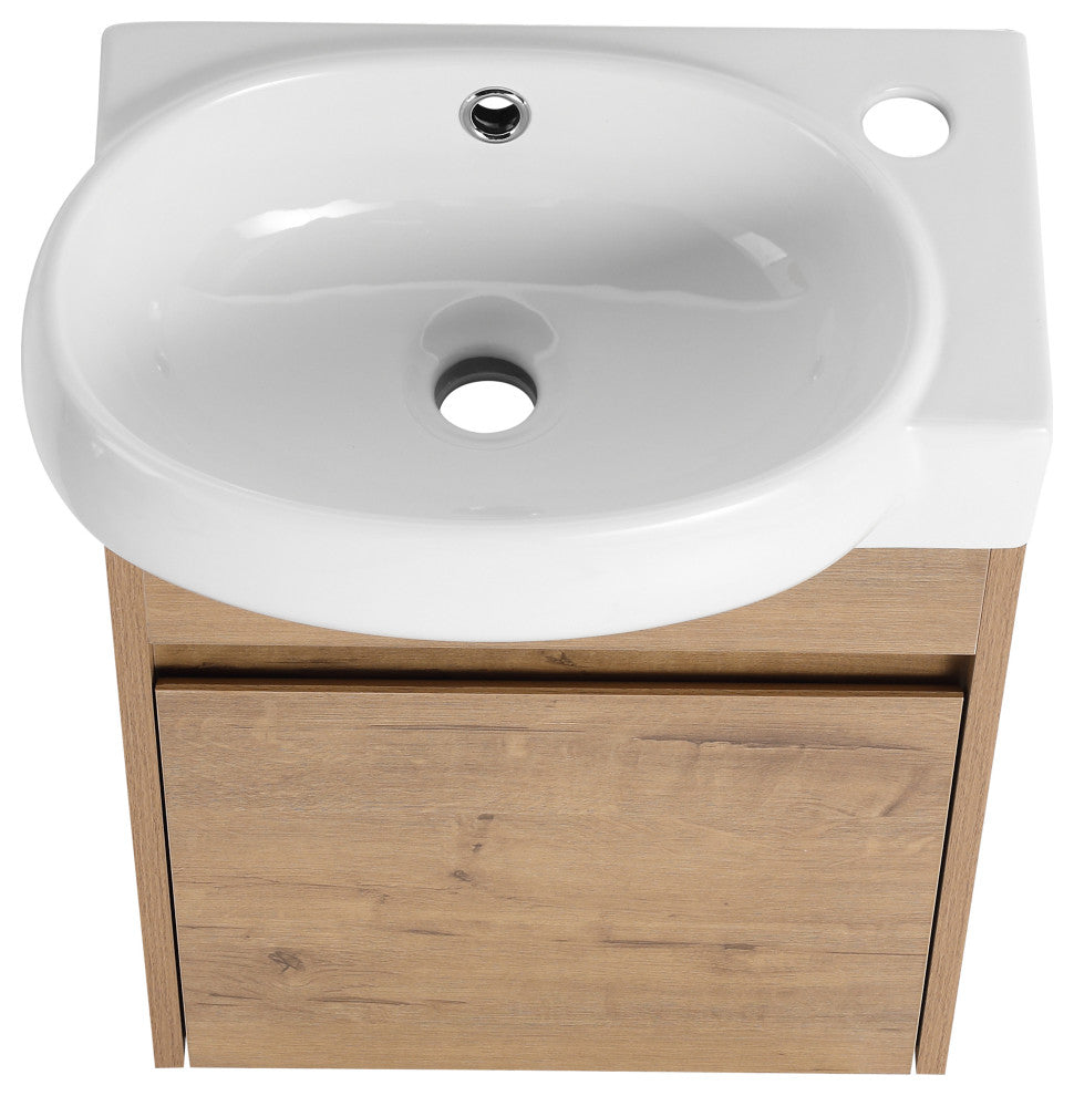 Small Wall-Mounted Plywood Bath Vanity, Imitative Oak, Ceramic Sink