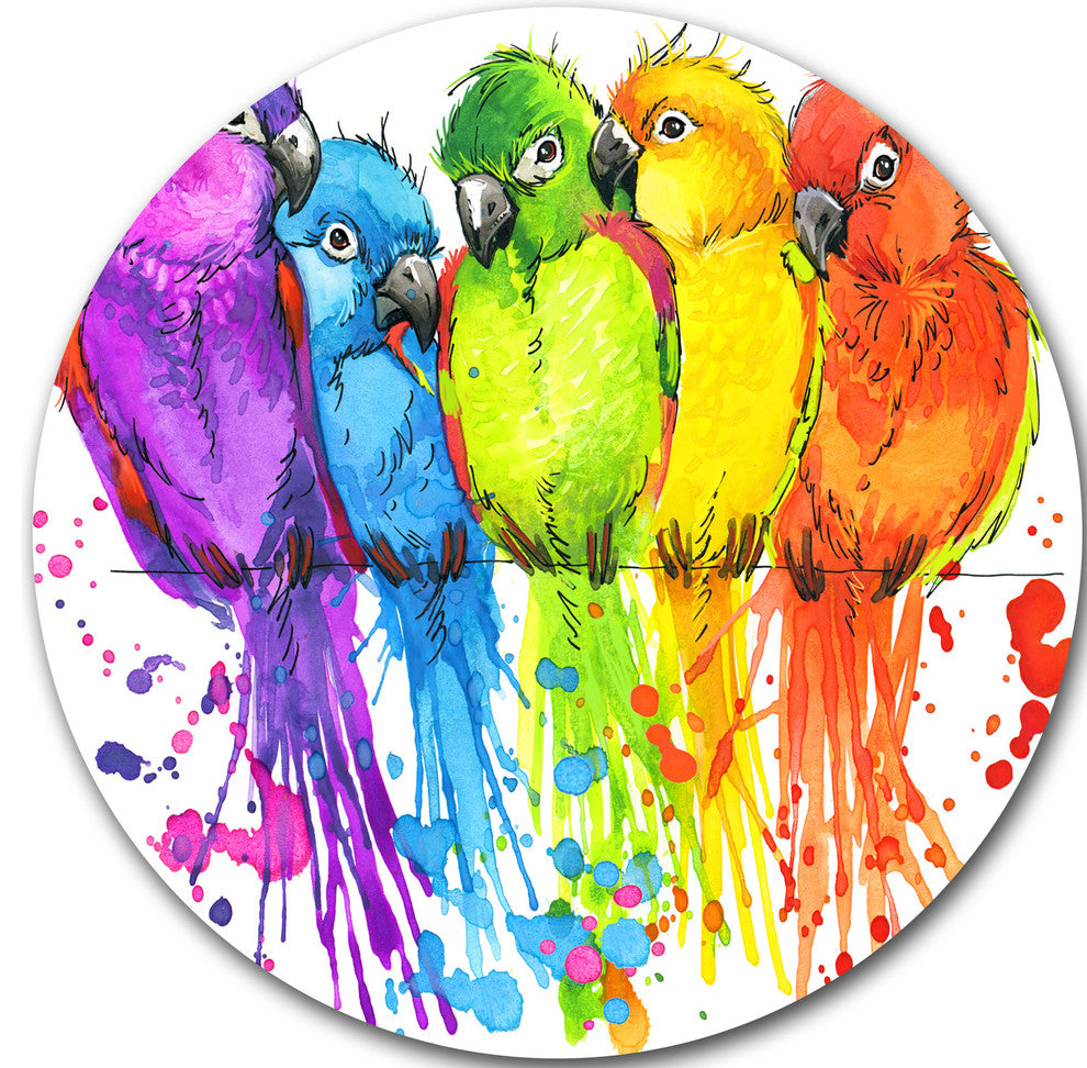 Colorful Parrots Illustration, Animal Round Wall Art, 11"