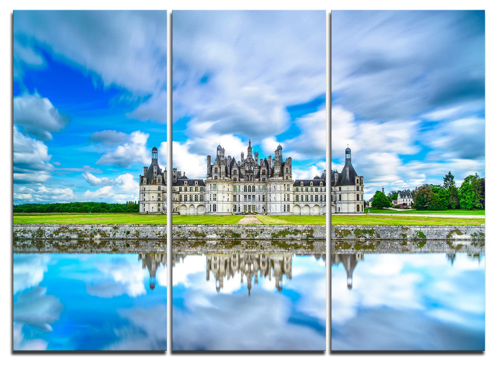 "Chateau De Chambord Castle in Blue" Metal Wall Art, 3 Panels, 36"x28"