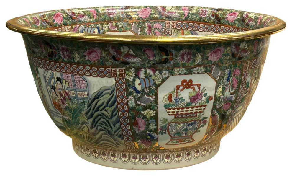 Vintage Chinese Famille Rose People House Graphic Porcelain Bowl Pot Hws4349