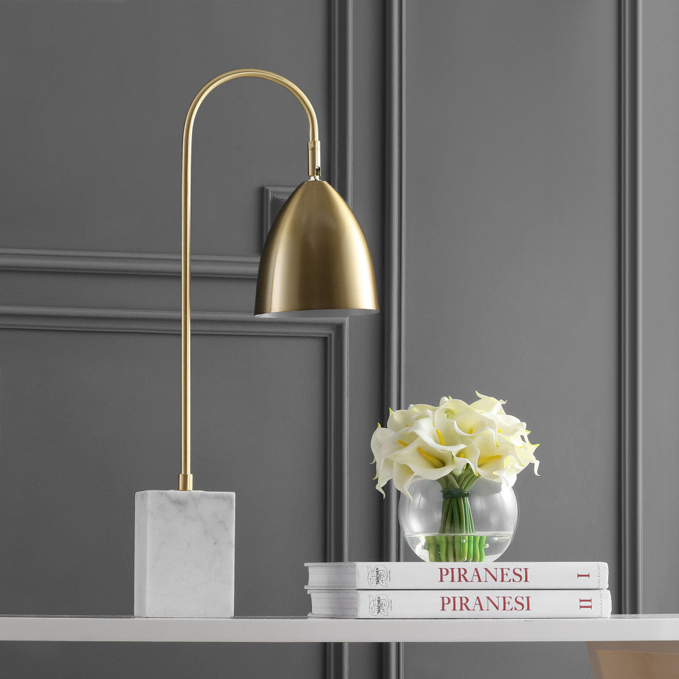 Ana 26" Metal With Marble Base LED Table Lamp, Brass Gold and White
