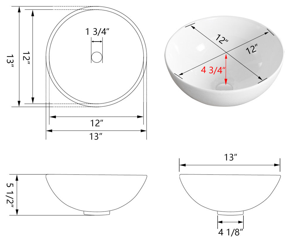 White Round Bowl Bathroom Vessel Modern Above Counter Porcelain Ceramic Sink