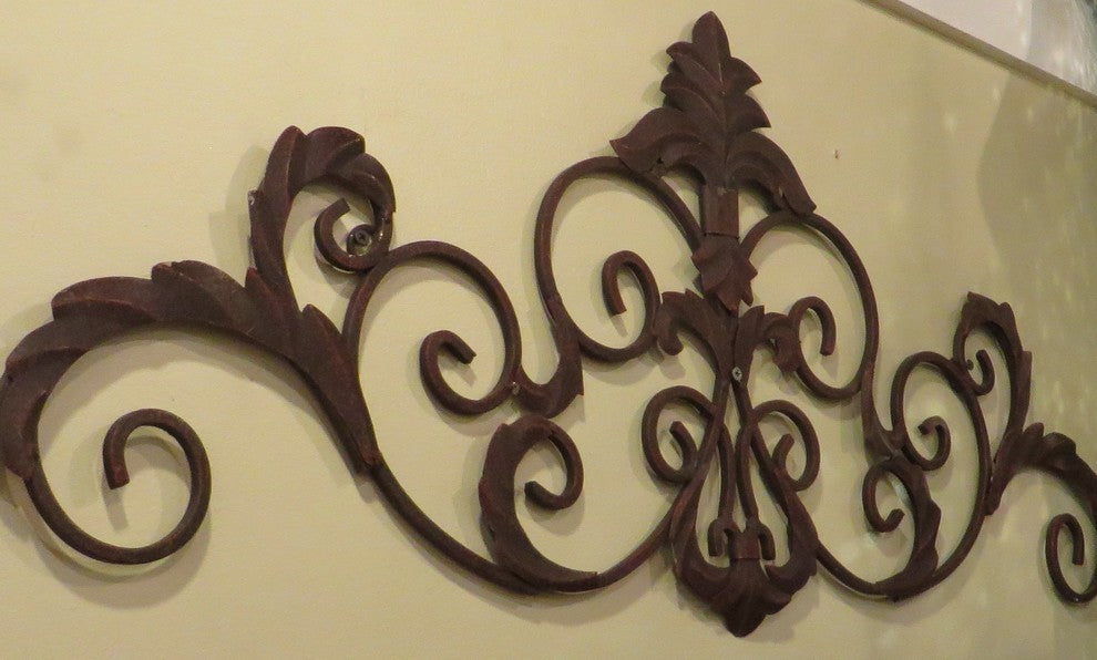 47" Iron Fleur de Lis Wall Grille Topper, Scroll Overdoor Metal Ornate