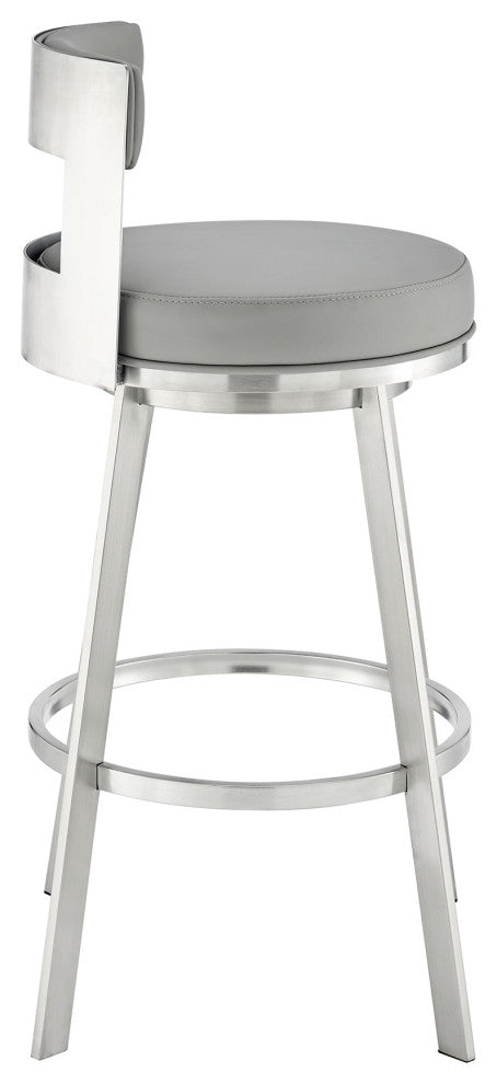 Lynof Swivel Counter Stool With Faux Leather, Light Gray, Brushed Stainless Steel