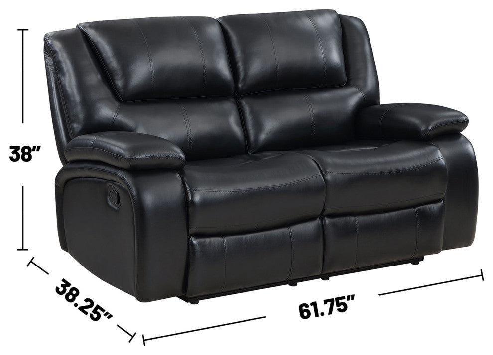 Faux Leather Manual Motion Reclining Loveseat With Pillow Top Armrests, Black