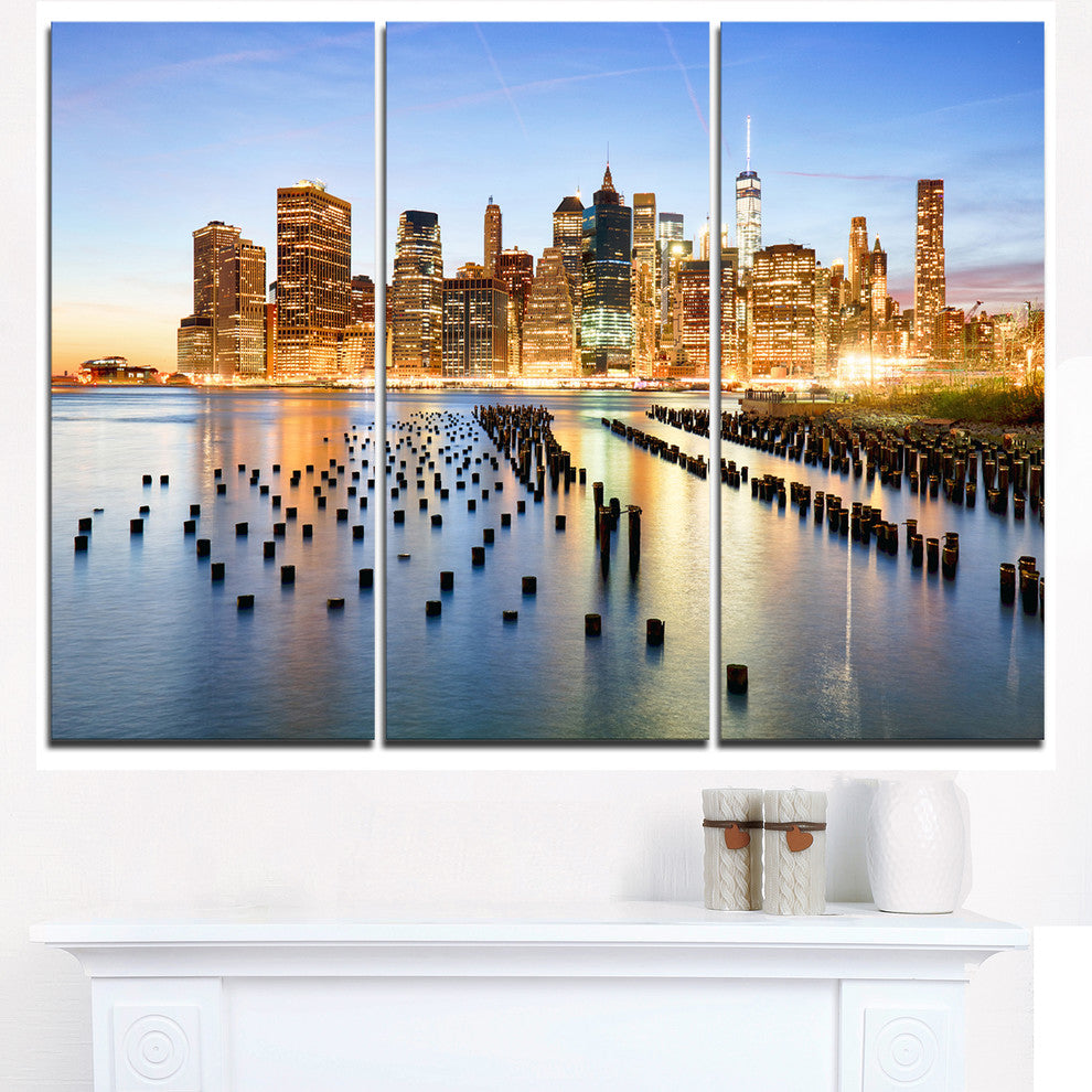 "Illuminated New York Skyscrapers" Metal Wall Art, 3 Panels, 36"x28"