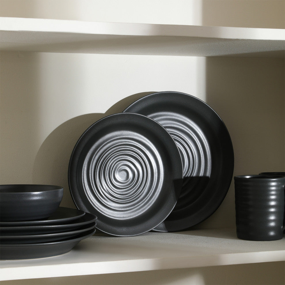 Stone Lain Orbit Stoneware 12-Piece Dinnerware Set, Charcoal