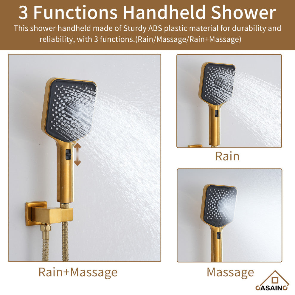 3 Functions 12 Inch Wall Mount Thermostatic Shower System, Brushed Gold