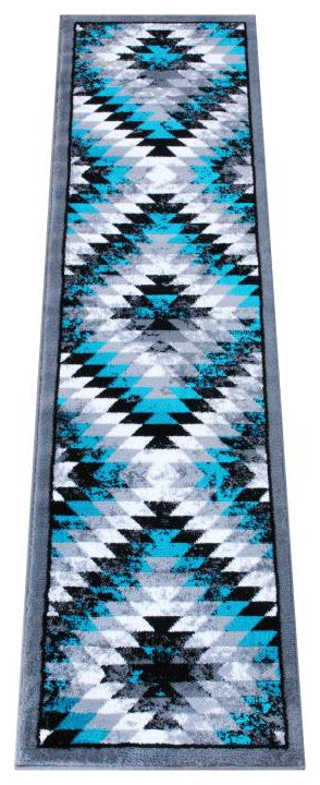 Teagan Collection Southwestern Area Rug - Olefin Rug with Jute Backing, Turquoise, 2' X 7'