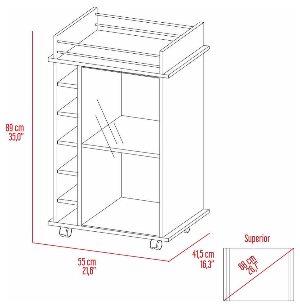Vegas Bar Cart with Glass Door, 6 Wine Cubbies, and 2 Inner Shelves, Light Grey