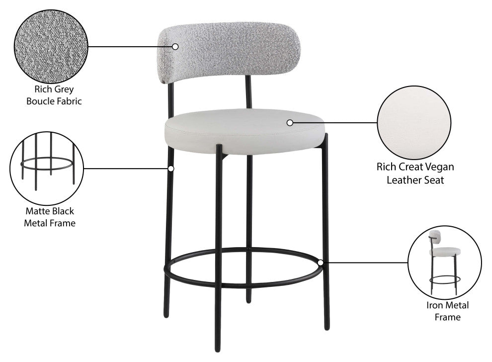 Beacon Upholstered Stool, Set of 2, Taupe, Matte Black Finish, Vegan Leather and Boucle Fabric