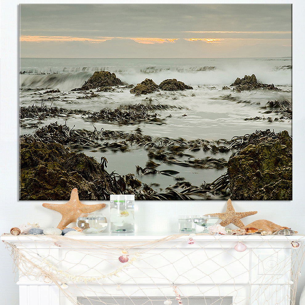"Gloomy Sunset Over Rocks And Waves" Seashore Canvas Wall Art, 40"x30"