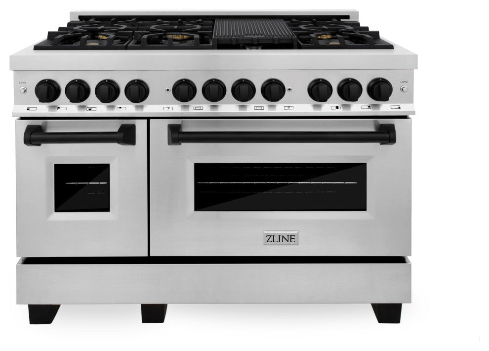 ZLINE 48" Dual Fuel Range, Stainless Steel With Matte Black Accents RAZ-48-MB