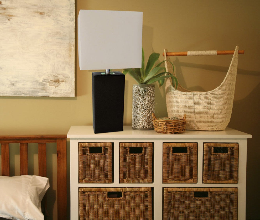 Elegant Designs Modern Leather Table Lamp With White Fabric Shade, Black