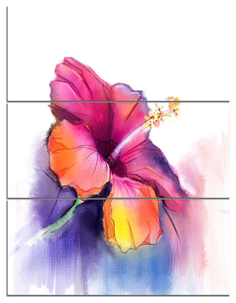 "Red Yellow Hibiscus Flower in Blue" Metal Wall Art, 3 Panels, 28"x36"