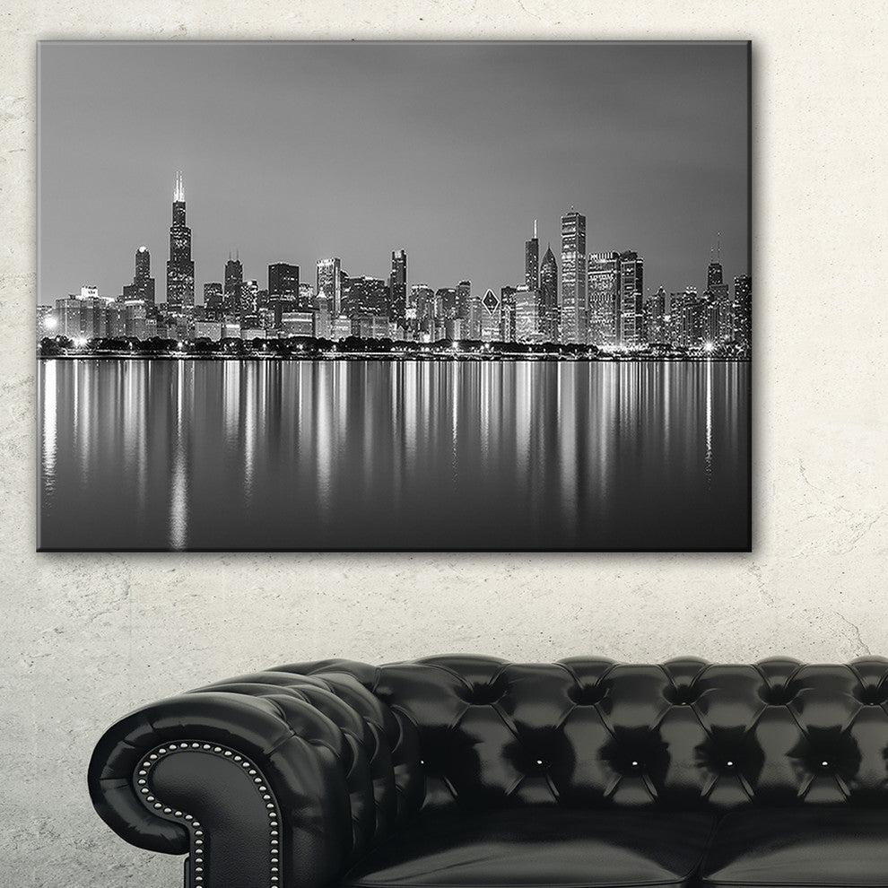 "Chicago Skyline at Night Black and White" Canvas Print32"x16"