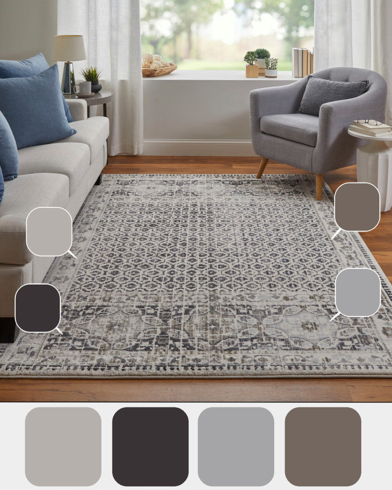 Kiba R3874 Transitional/Bohemian & Casual Area Rug, Gray/Ivory, 7'10"x10'