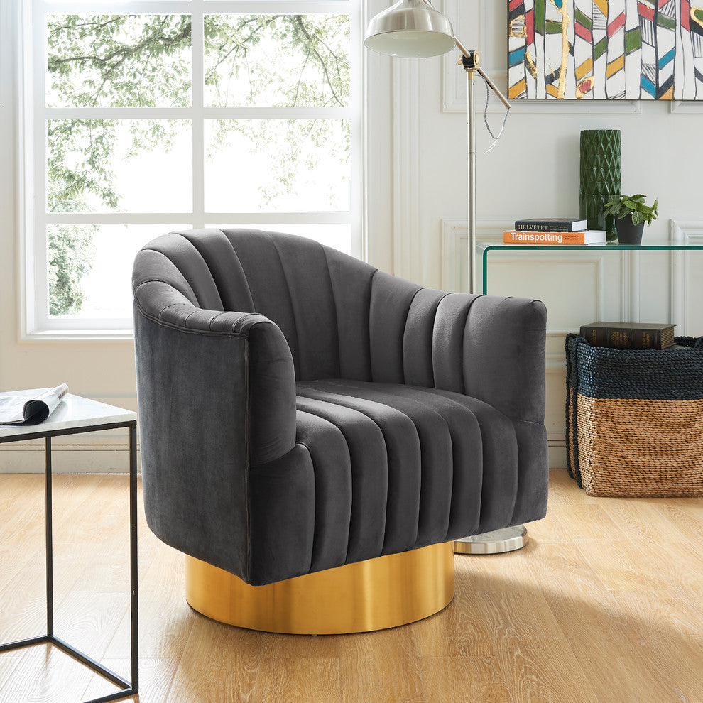 Farrah Velvet Upholstered Accent Chair, Gray, Gold Swivel Base