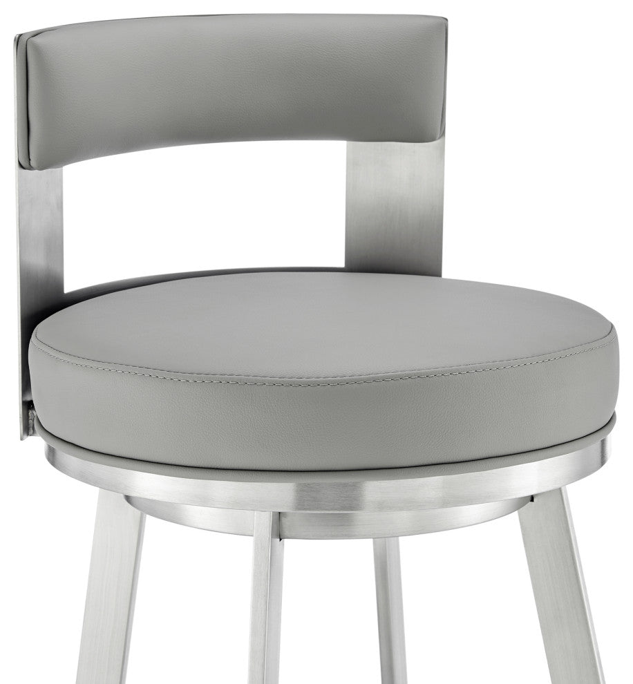 Lynof Swivel Counter Stool With Faux Leather, Light Gray, Brushed Stainless Steel