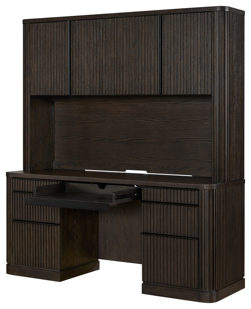 Contemporary Wood Credenza and Hutch, Office Desk and Hutch, Brown