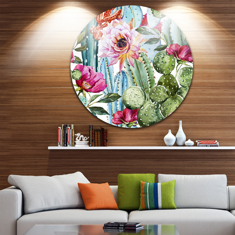 Cactus Pattern Watercolor, Floral Digital Art Round Metal Wall Art, 38"