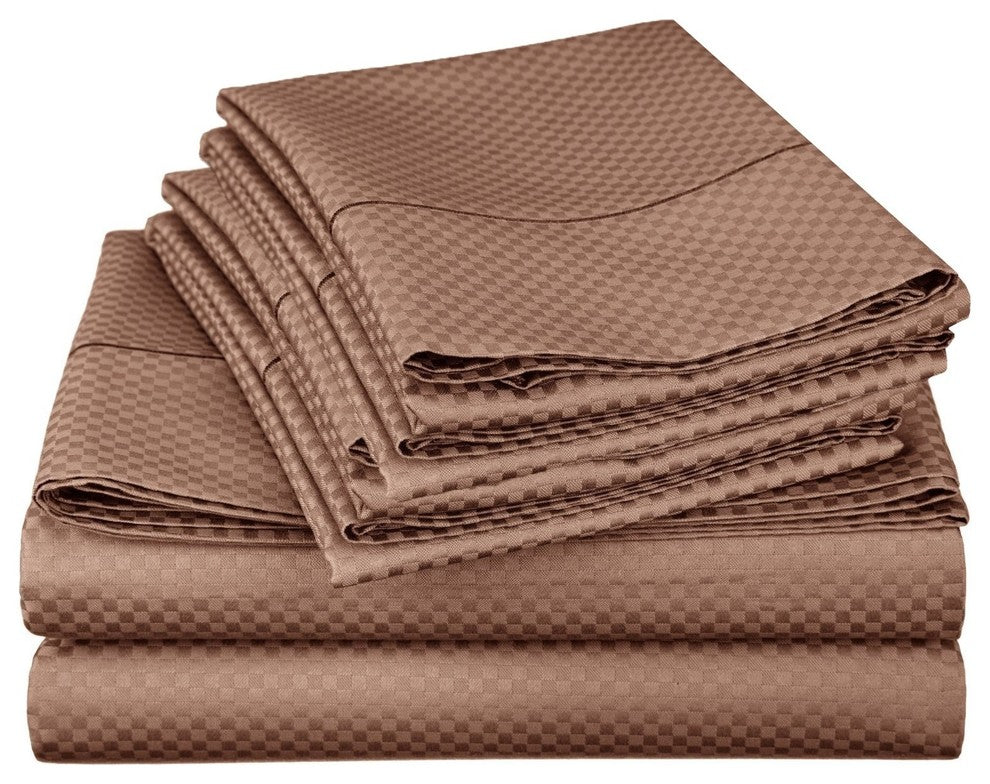 Checkered Collection Embossed 4 Piece Set, 1800 Series Bed Sheets, Brown, Queen