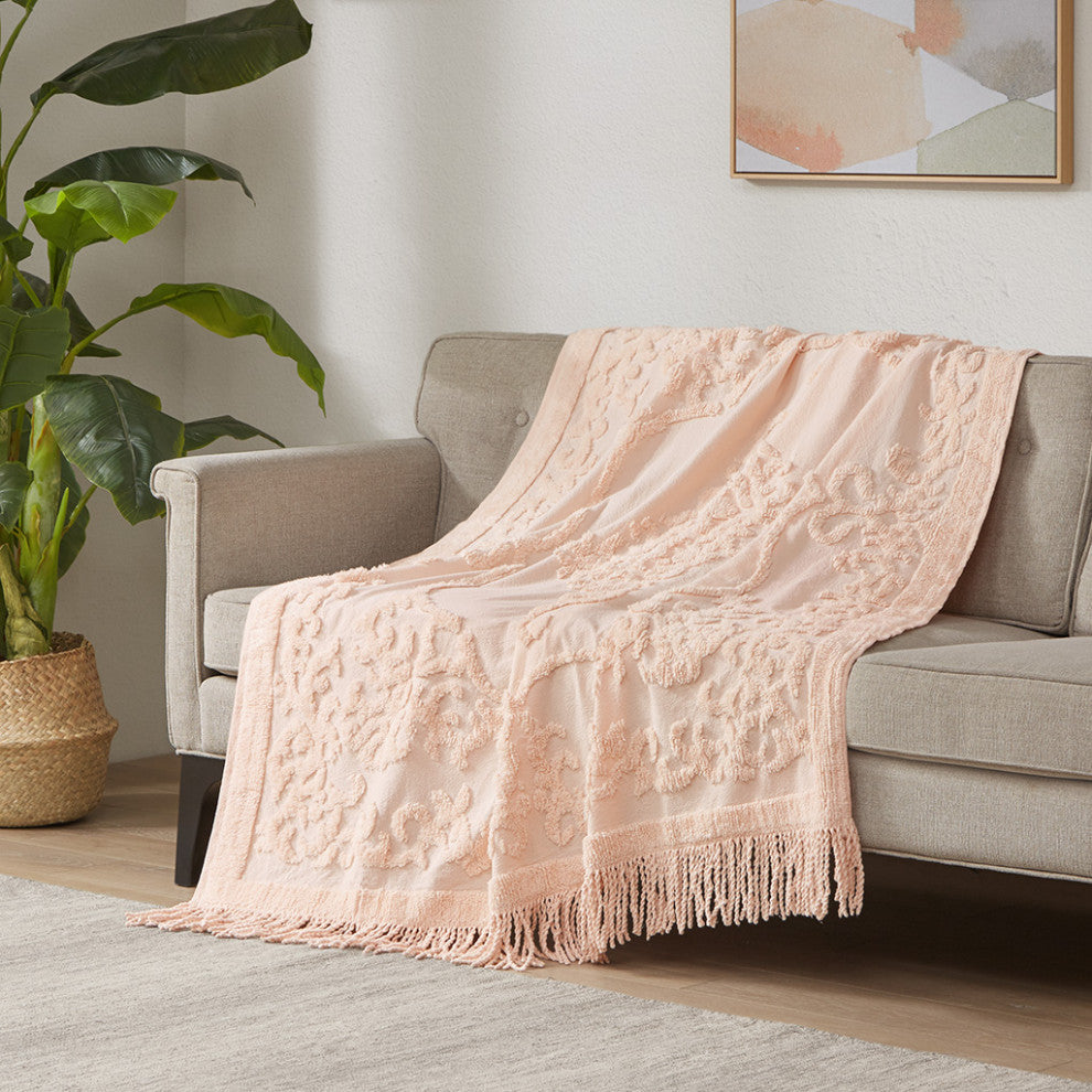 Madison Park Chloe Fringed Tufted Throw Blanket, Boho Pattern, Pink