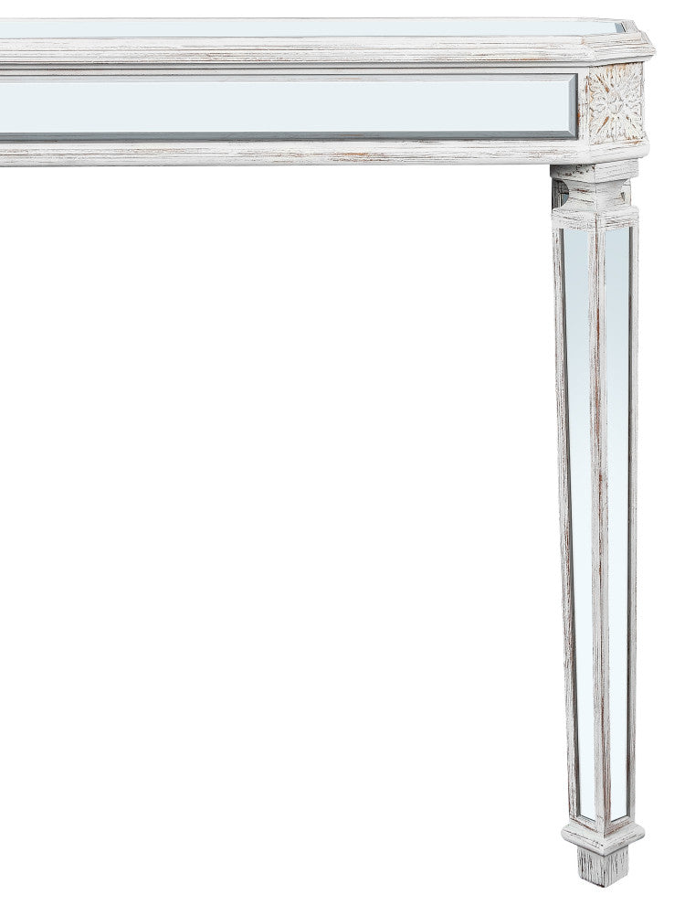 GDF Studio 48" Vintage Mirror Console Table With Wood Grain Carving, Oak/Silver