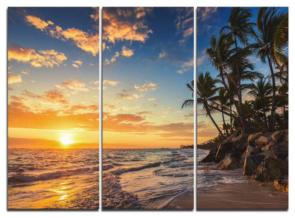 "Paradise Tropical Island Beach With Palms" Metal Wall Art, 3 Panels, 36"x28"