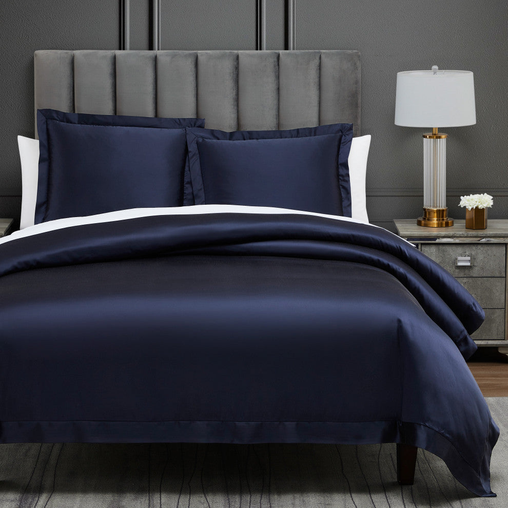 High Shine Satin Duvet Cover Set, Super King, Navy, 3 Piece