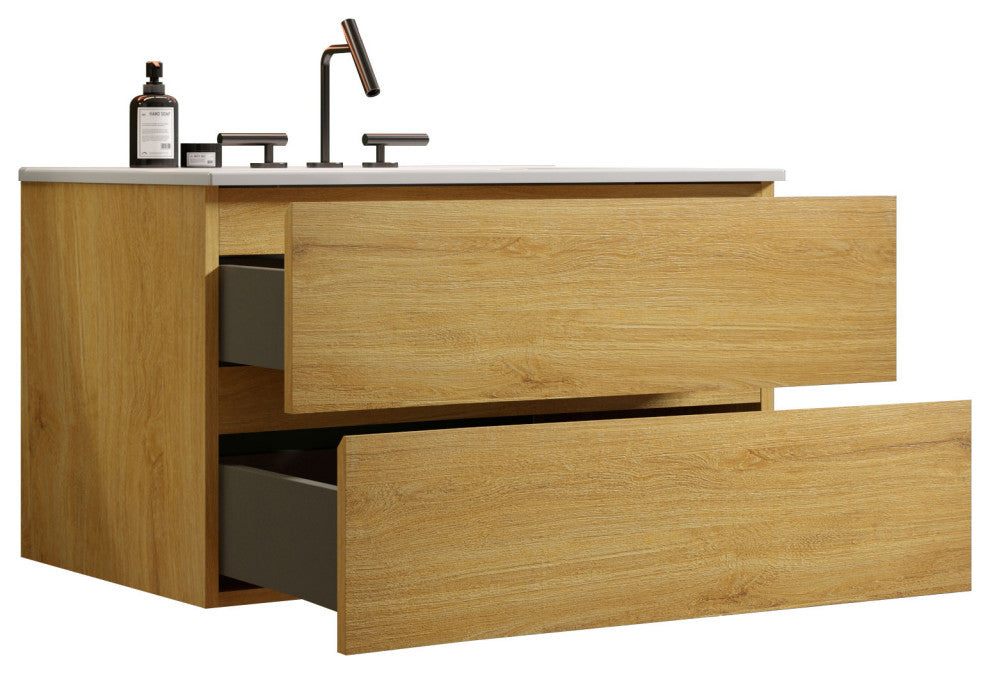 Wall-Mounted Bathroom Vanity Set with Ceramic Sink, Oak, 36"