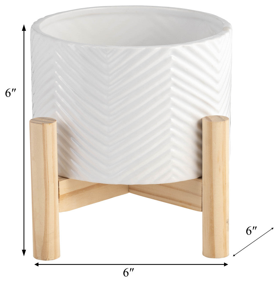 6" Ceramic Chevron Planter With Wood Stand, White
