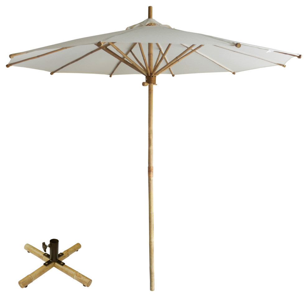 Handcrafted Bamboo Beach Patio Umbrella With Base, White