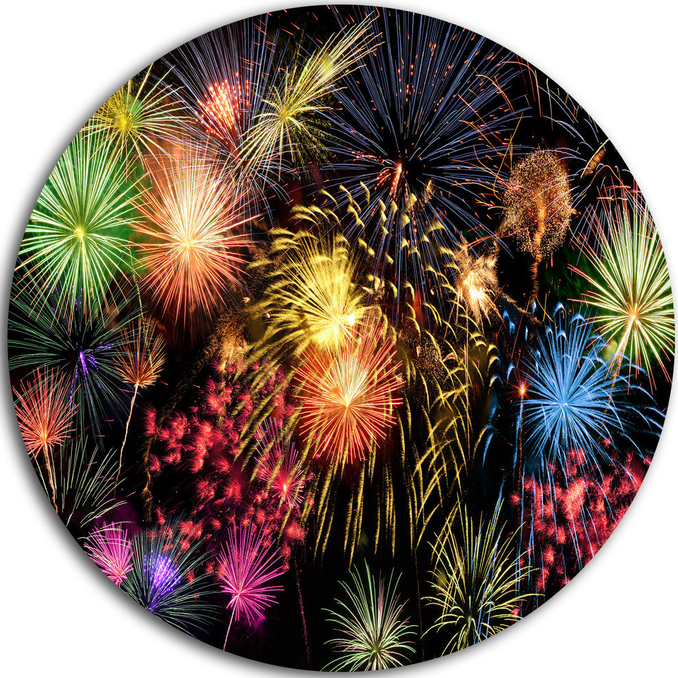 Colorful Fireworks At Night Sky, Skyscape Round Metal Wall Art, 23"