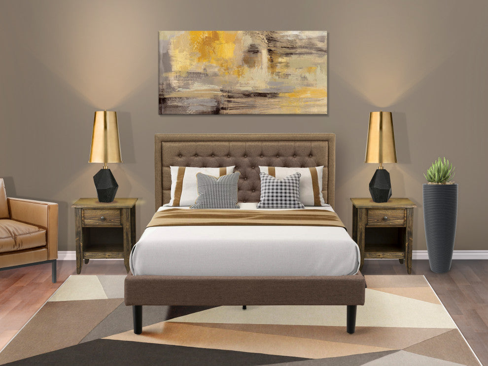 3Pc Bed Set, 1 Queen Size Bed Frame Brown, Headboard, 2 Nightstand, Black Legs