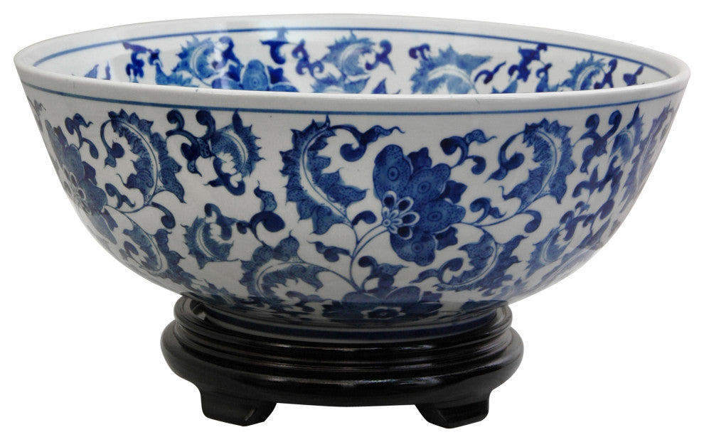 14" Floral Blue and White Porcelain Bowl