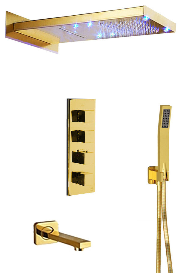 Modena Gold Plated Waterfall and Rainfall LED Showerhead Set