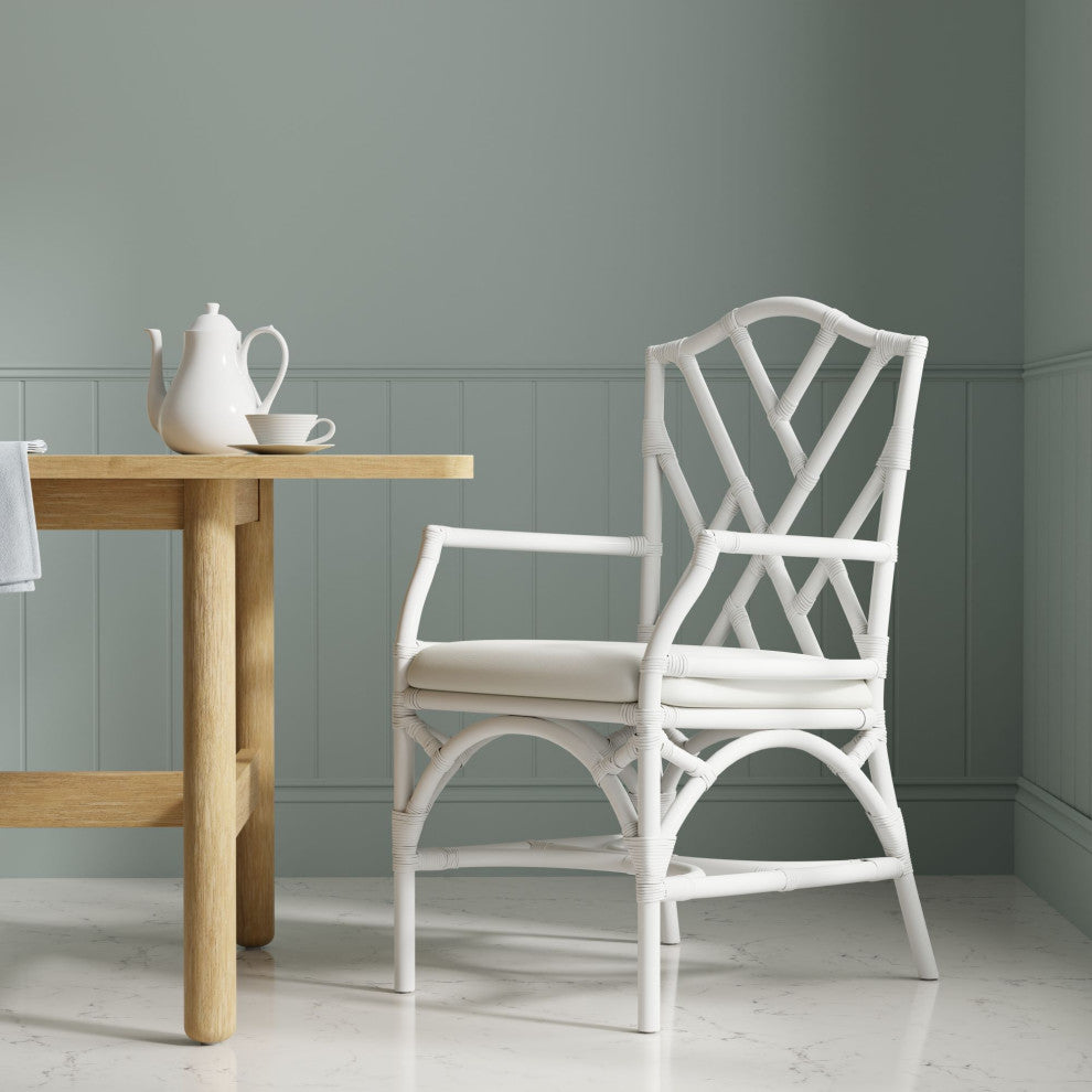 Rattan Chippendale Upholstered Dining Armchair, Set of 2, White