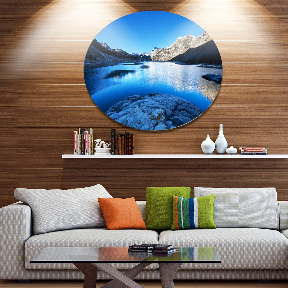 Amazing Blue Mountains Lake, Modern Landscape Round Metal Wall Art, 36"